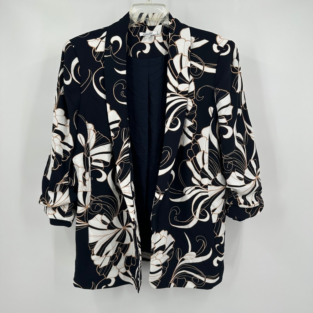 Chicos Tropical Floral Open Front Blazer Size 3 US XL Jacket Office Artsy Modern